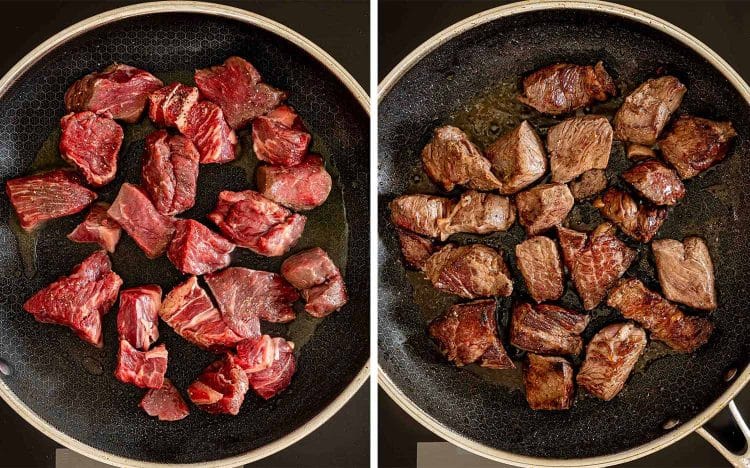 Beef chuck pieces shown raw and then deeply browned on every side in a large skillet with vegetable oil.