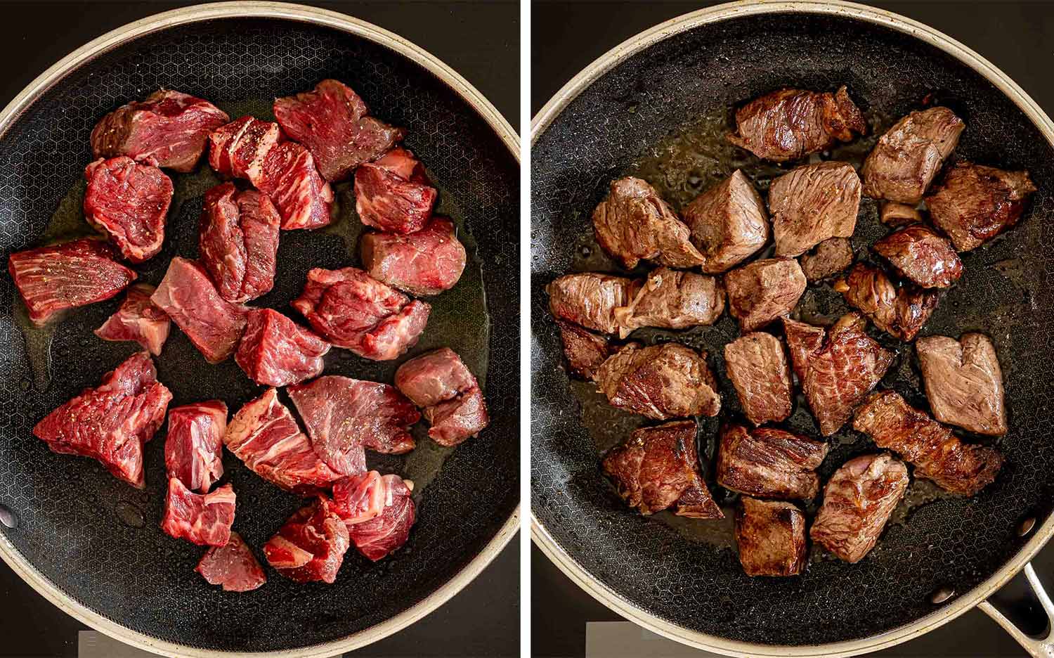 Beef chuck pieces shown raw and then deeply browned on every side in a large skillet with vegetable oil.