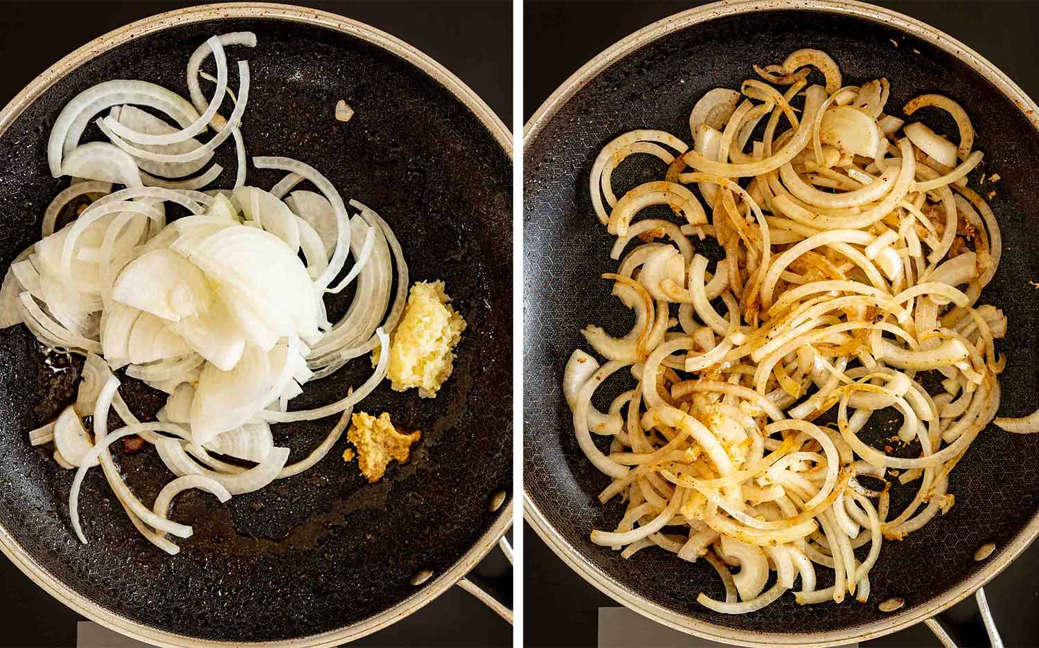 Sliced onions, garlic, and ginger shown before and after sautéing together until softened and lightly golden in a skillet.