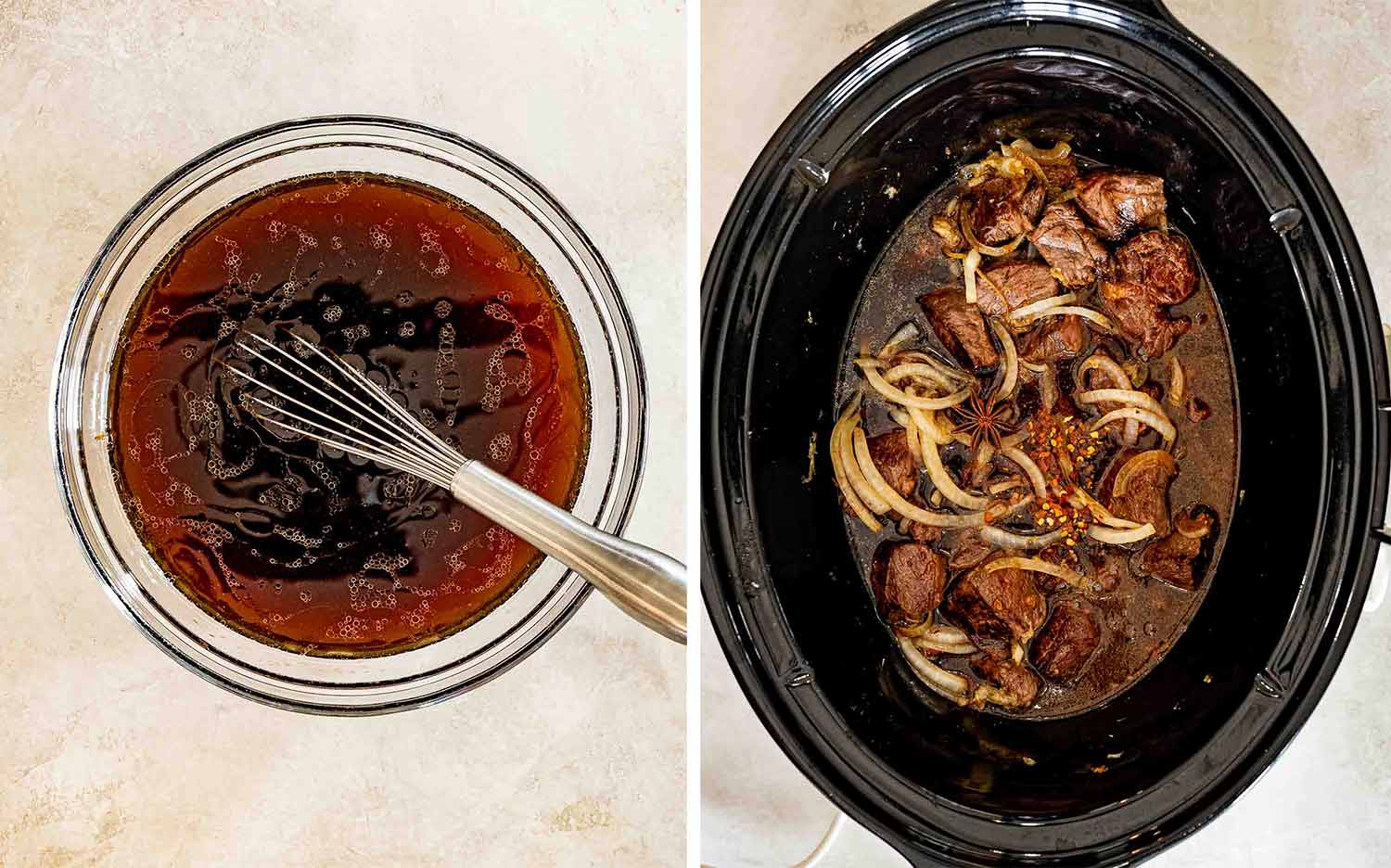 Whisked braising sauce and browned beef with onions, star anise, and red pepper flakes prepared for slow cooking.