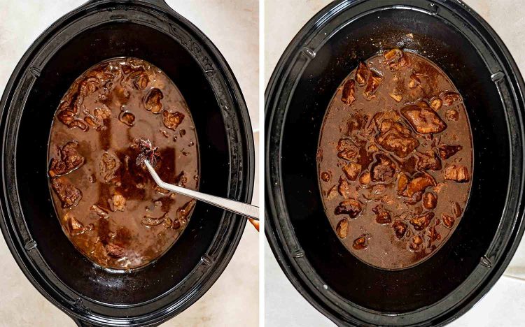Two overhead views show cooked braised beef before and after a cornstarch slurry thickens the sauce in the slow cooker.