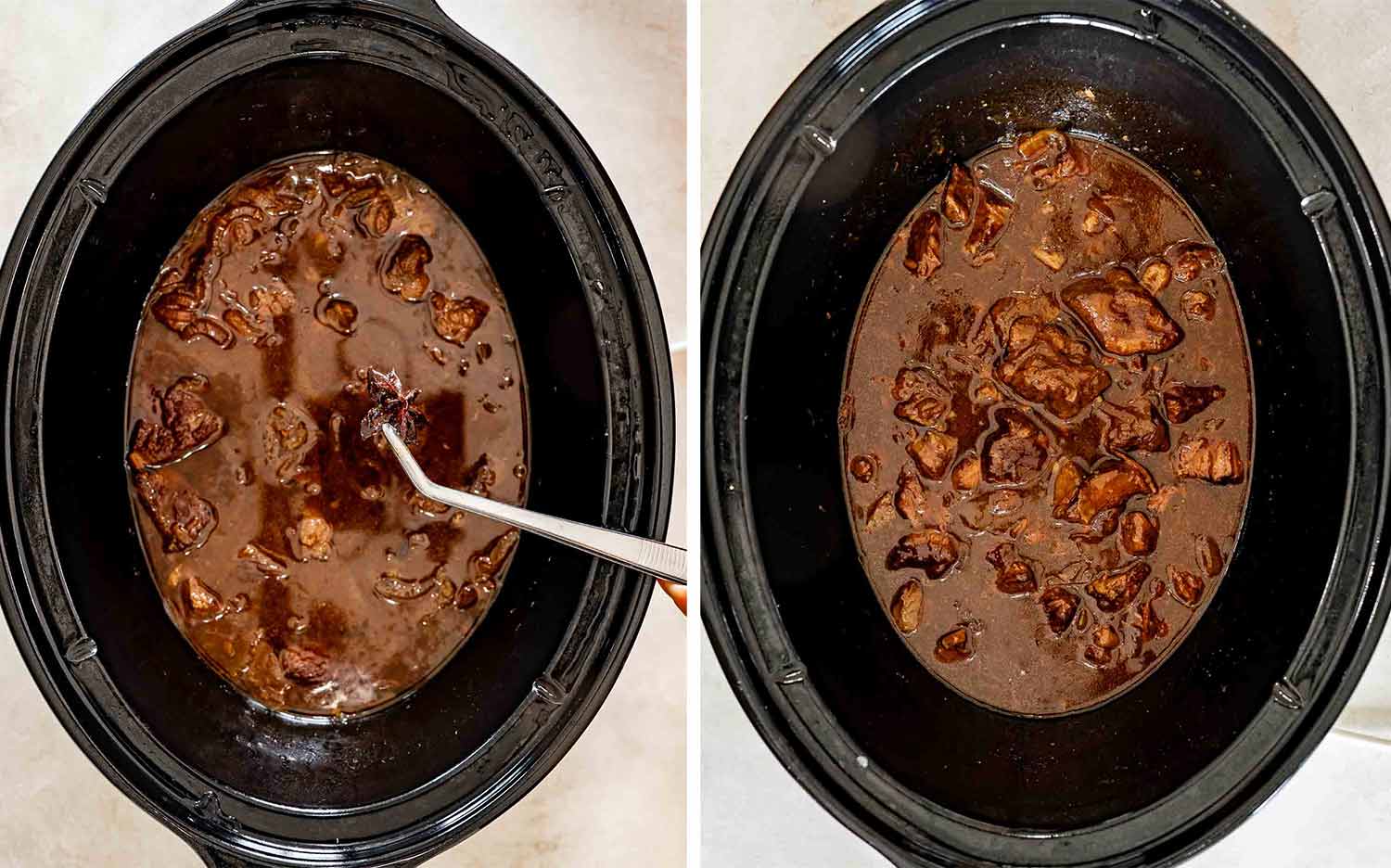 Two overhead views show cooked braised beef before and after a cornstarch slurry thickens the sauce in the slow cooker.