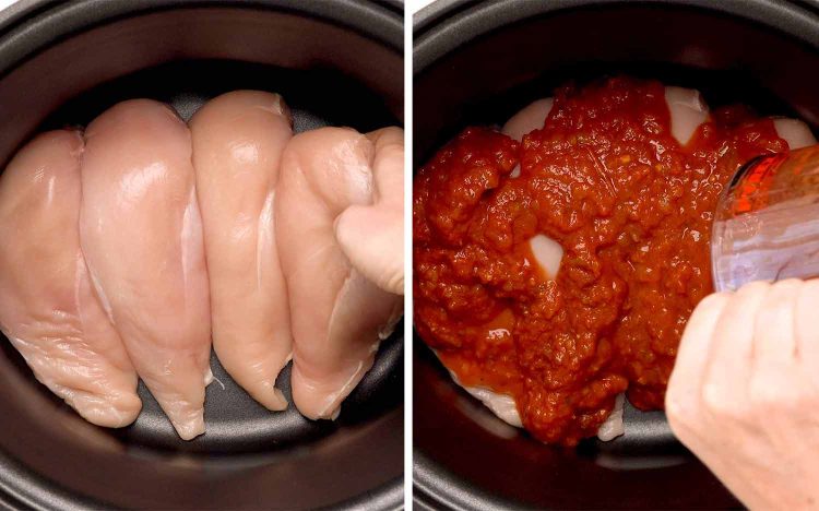 process shots showing how to make crockpot salsa chicken.