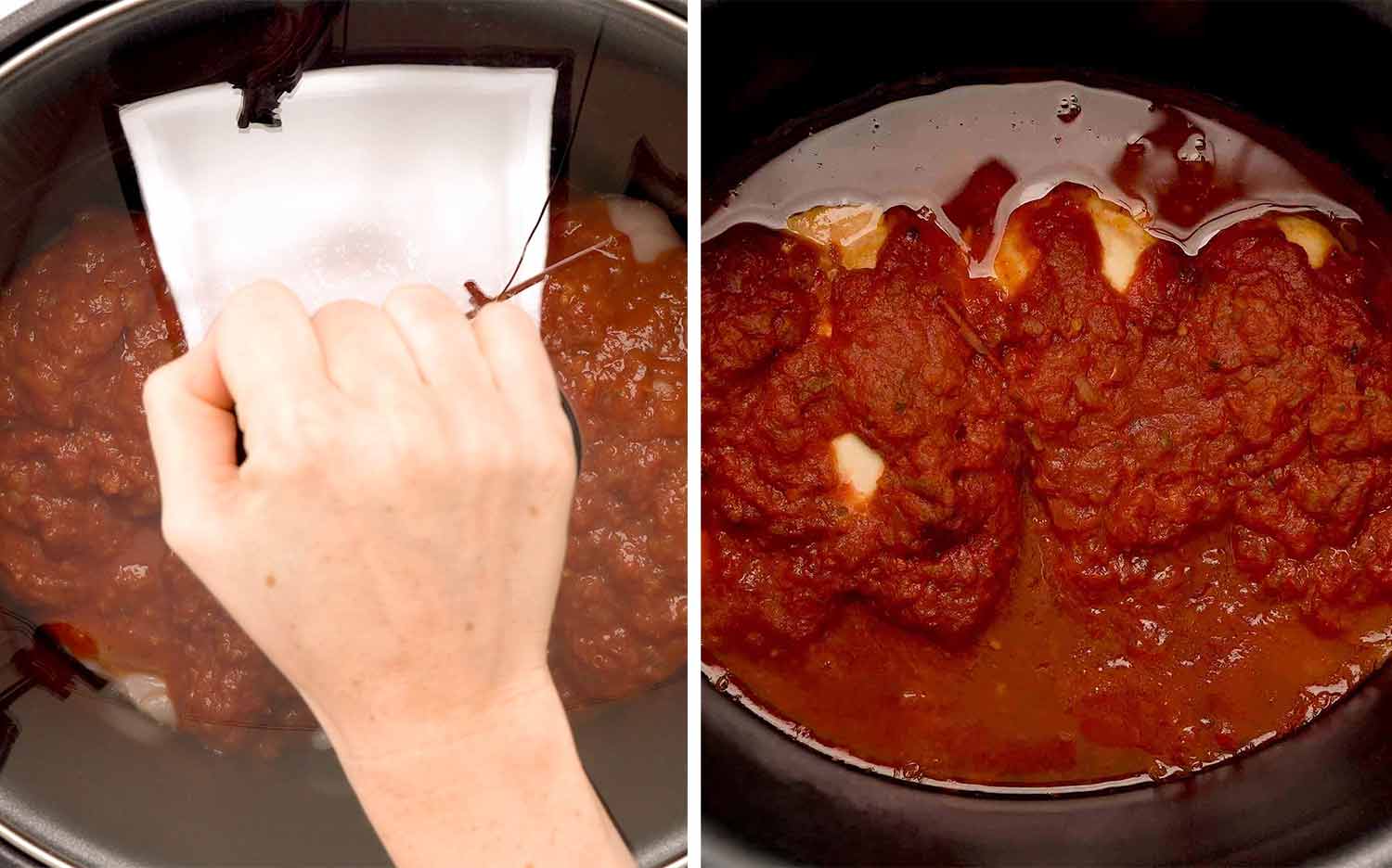 process shots showing how to make crockpot salsa chicken.