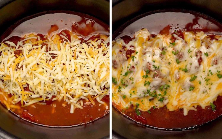 process shots showing how to make crockpot salsa chicken.