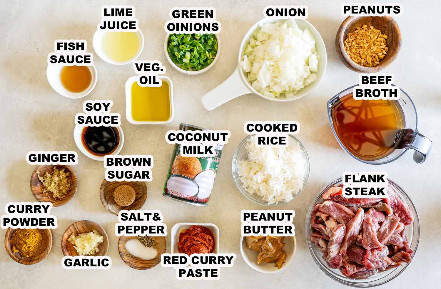 Overhead display of labeled ingredients for curried beef with creamy peanut sauce, including flank steak, coconut milk, and spices.