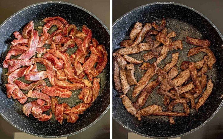 Two-panel process image showing raw flank steak strips added to a skillet, then browned and cooked through.
