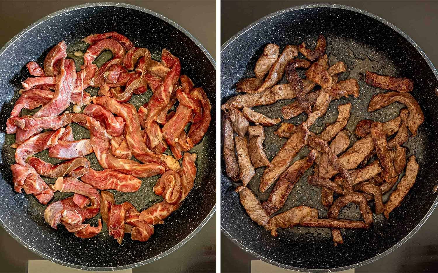 Two-panel process image showing raw flank steak strips added to a skillet, then browned and cooked through.