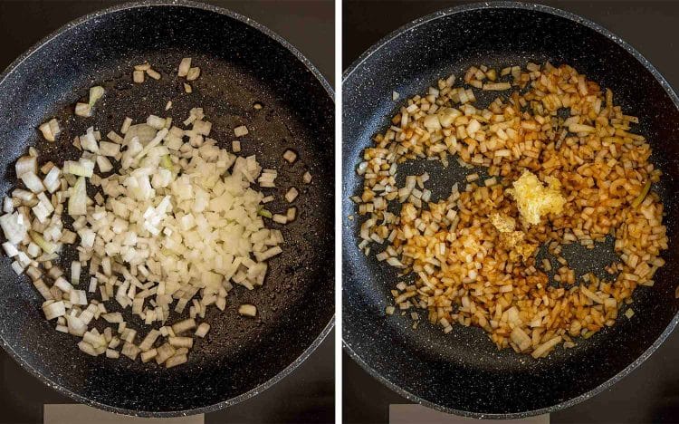 Two-panel process image showing chopped onions cooking until golden, followed by fresh garlic and ginger added.