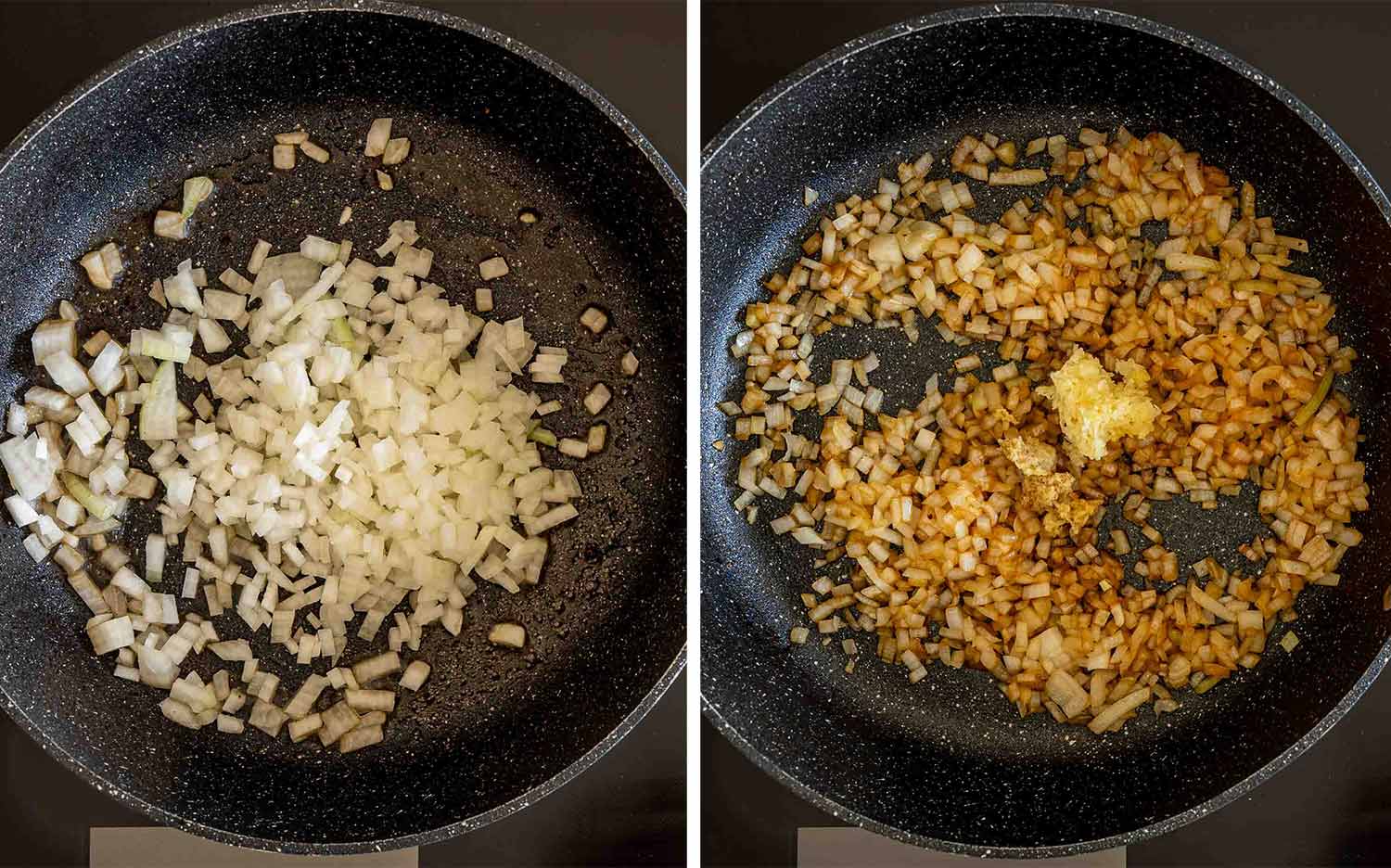Two-panel process image showing chopped onions cooking until golden, followed by fresh garlic and ginger added.