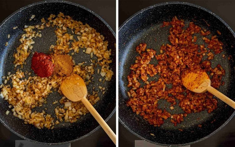 Two-panel process image showing red curry paste and curry powder added to saut&eacute;ed onions, then cooked until fragrant.