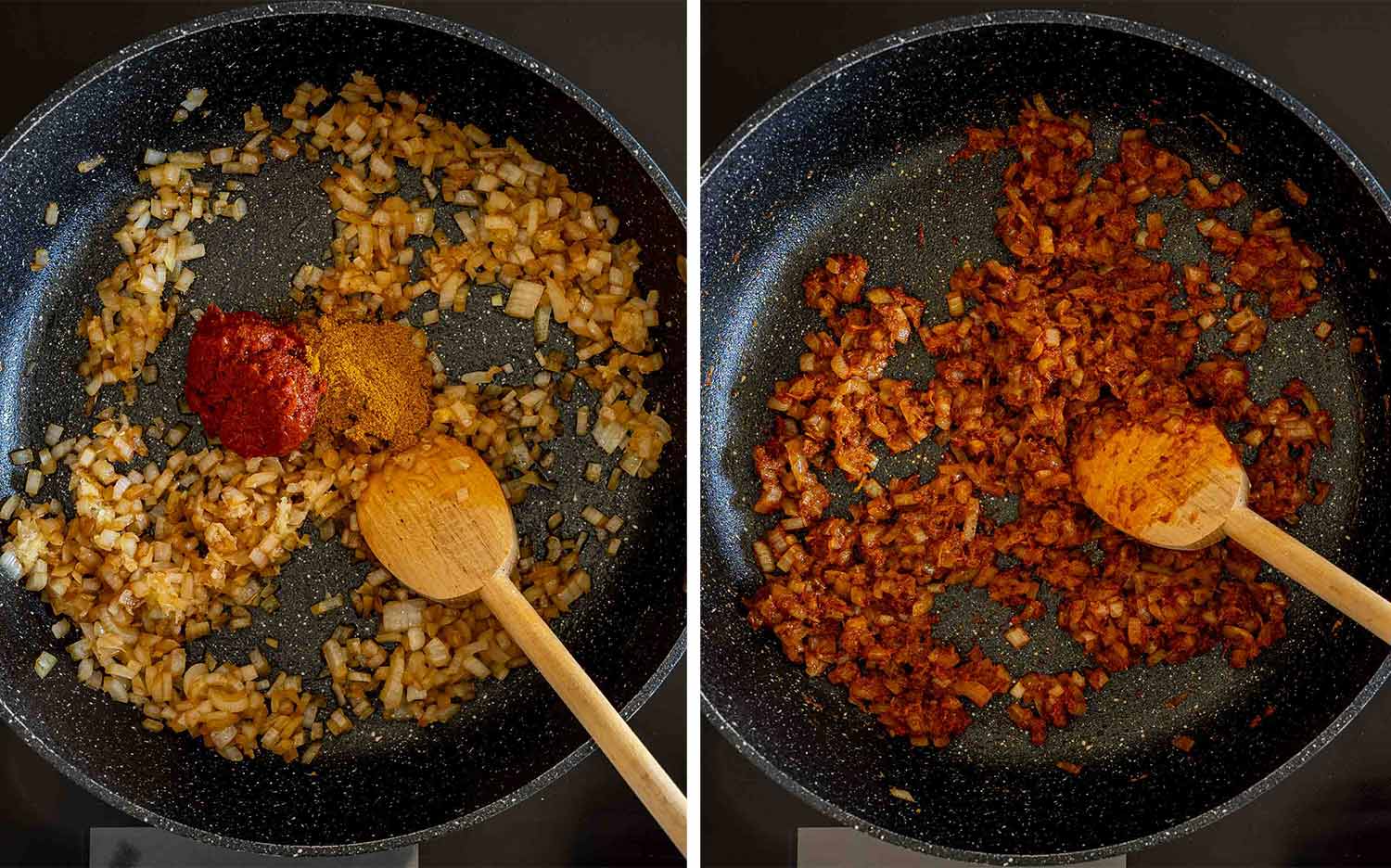 Two-panel process image showing red curry paste and curry powder added to saut&eacute;ed onions, then cooked until fragrant.