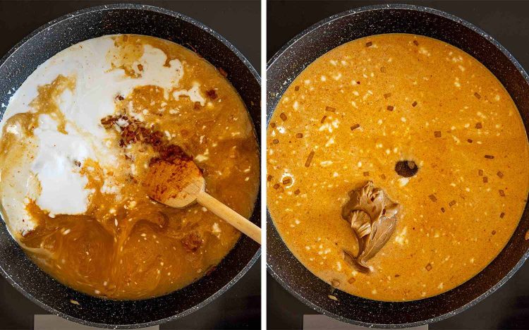 Two-panel process image showing coconut milk and broth stirred into the curry mixture before adding creamy peanut butter.