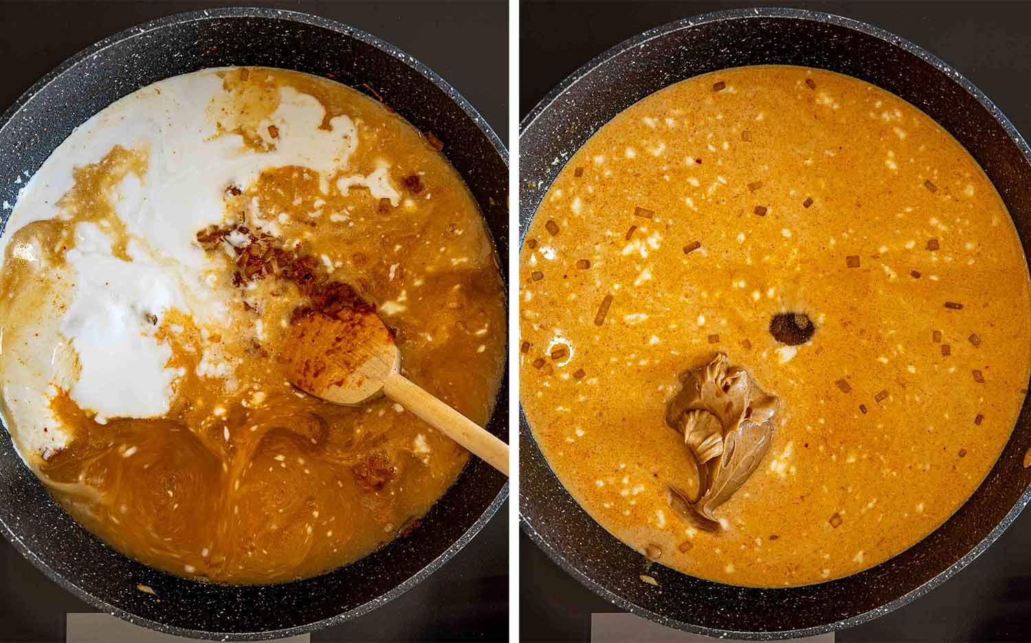 Two-panel process image showing coconut milk and broth stirred into the curry mixture before adding creamy peanut butter.