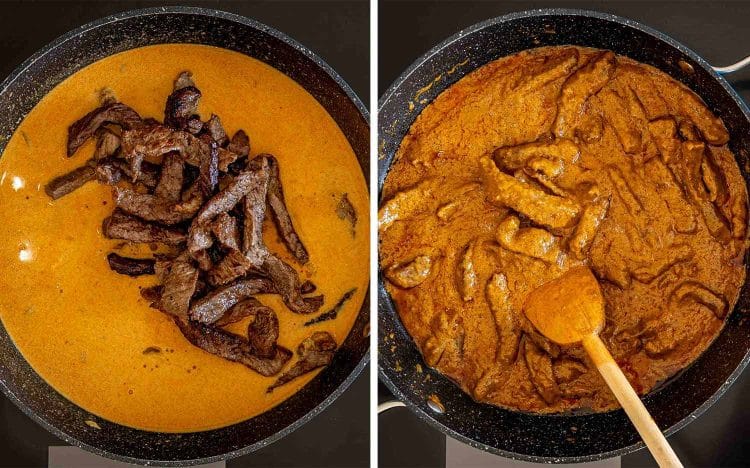 Two-panel process image showing browned beef returned to the creamy peanut curry sauce and stirred until coated.