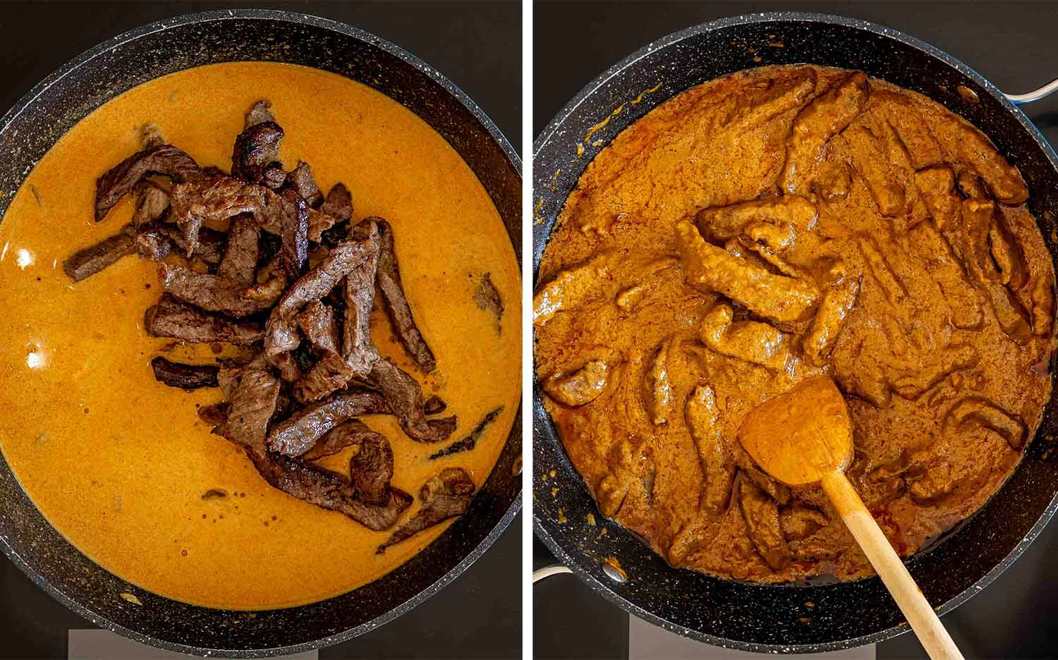 Two-panel process image showing browned beef returned to the creamy peanut curry sauce and stirred until coated.