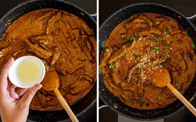 Two-panel process image showing lime juice added to curried beef, then the finished skillet garnished with peanuts and scallions.