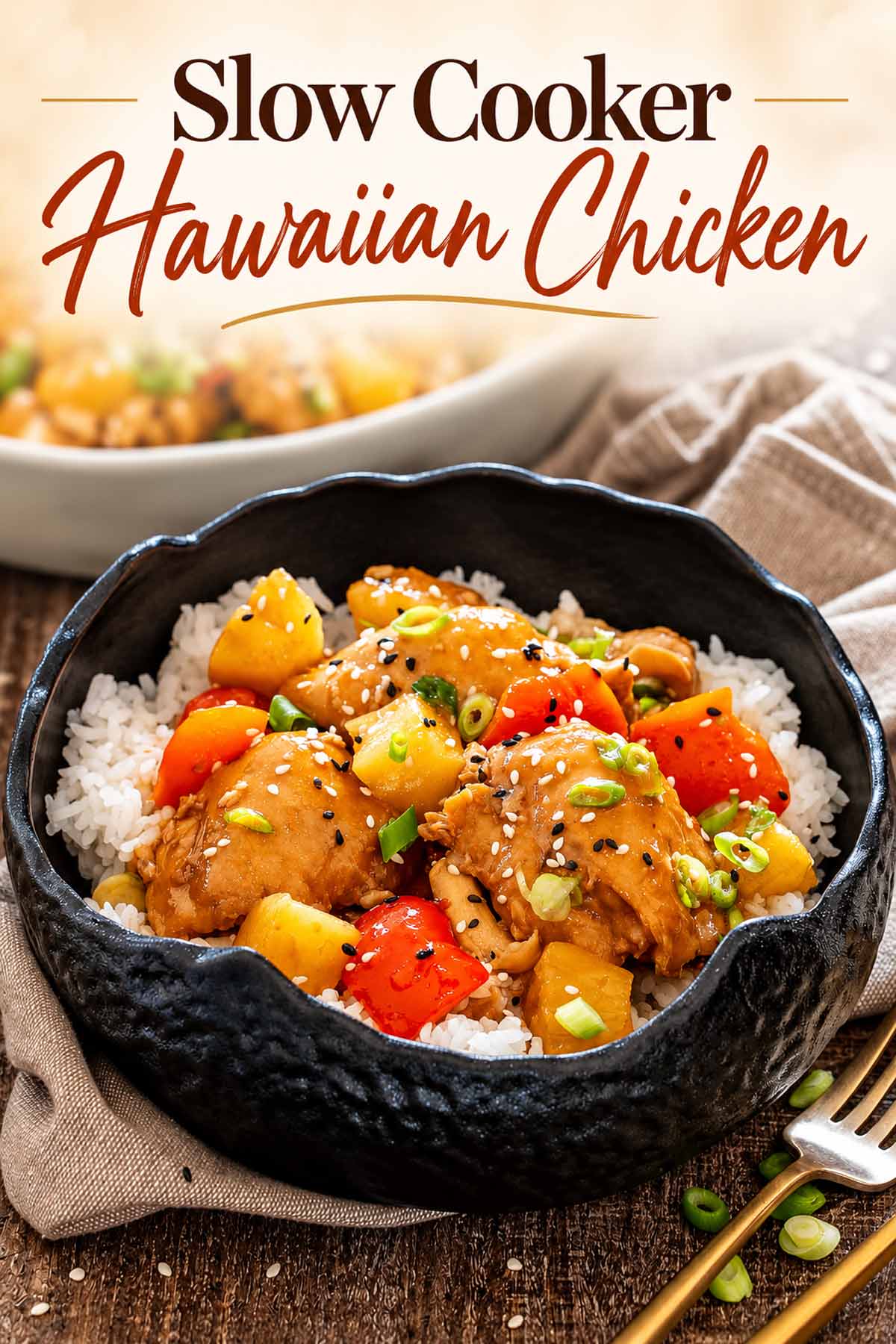 Pinterest image featuring Hawaiian chicken over rice with an elegant Slow Cooker Hawaiian Chicken title above the black bowl.