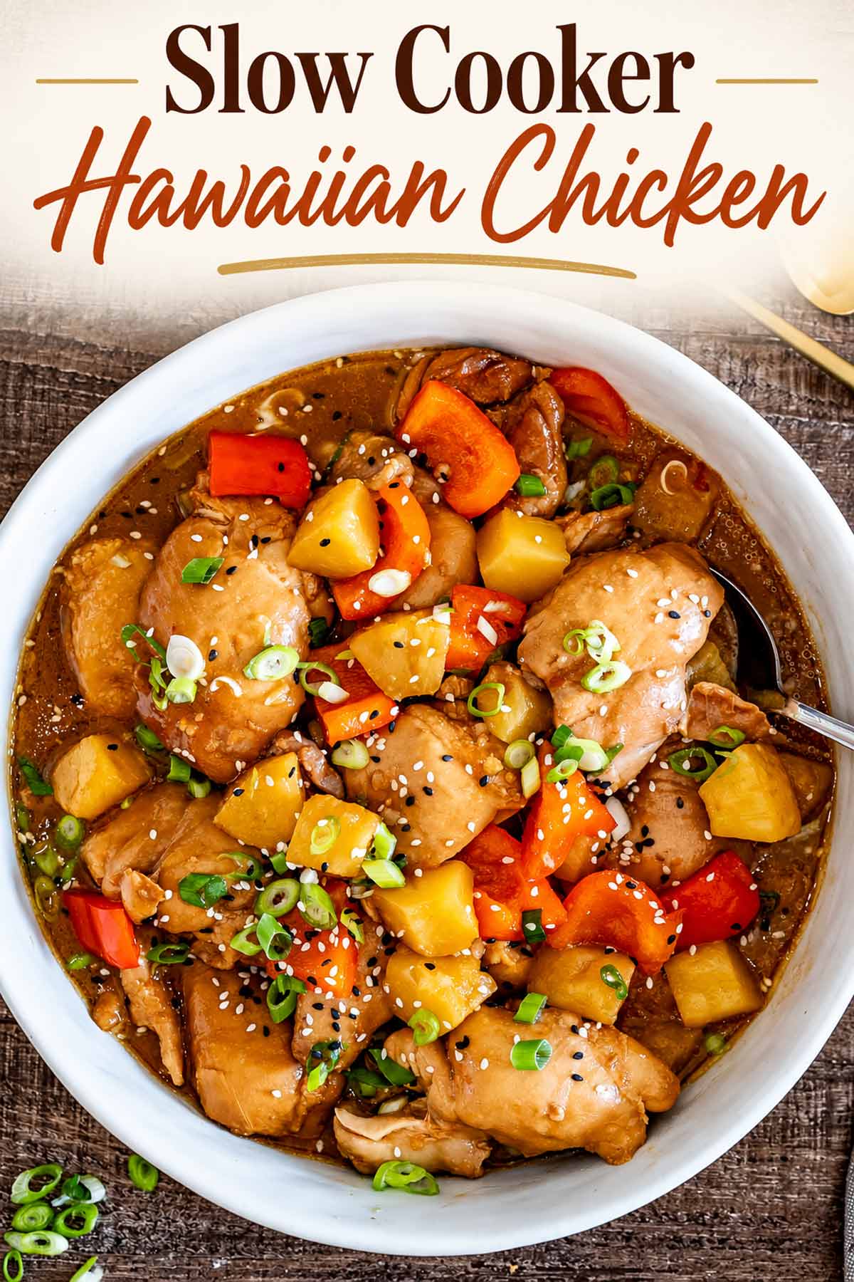 Pinterest image featuring an overhead bowl of Hawaiian chicken with pineapple and peppers beneath an elegant recipe title.
