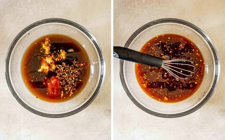 Two process photos show the Hawaiian sauce ingredients in a glass bowl before and after being whisked together.