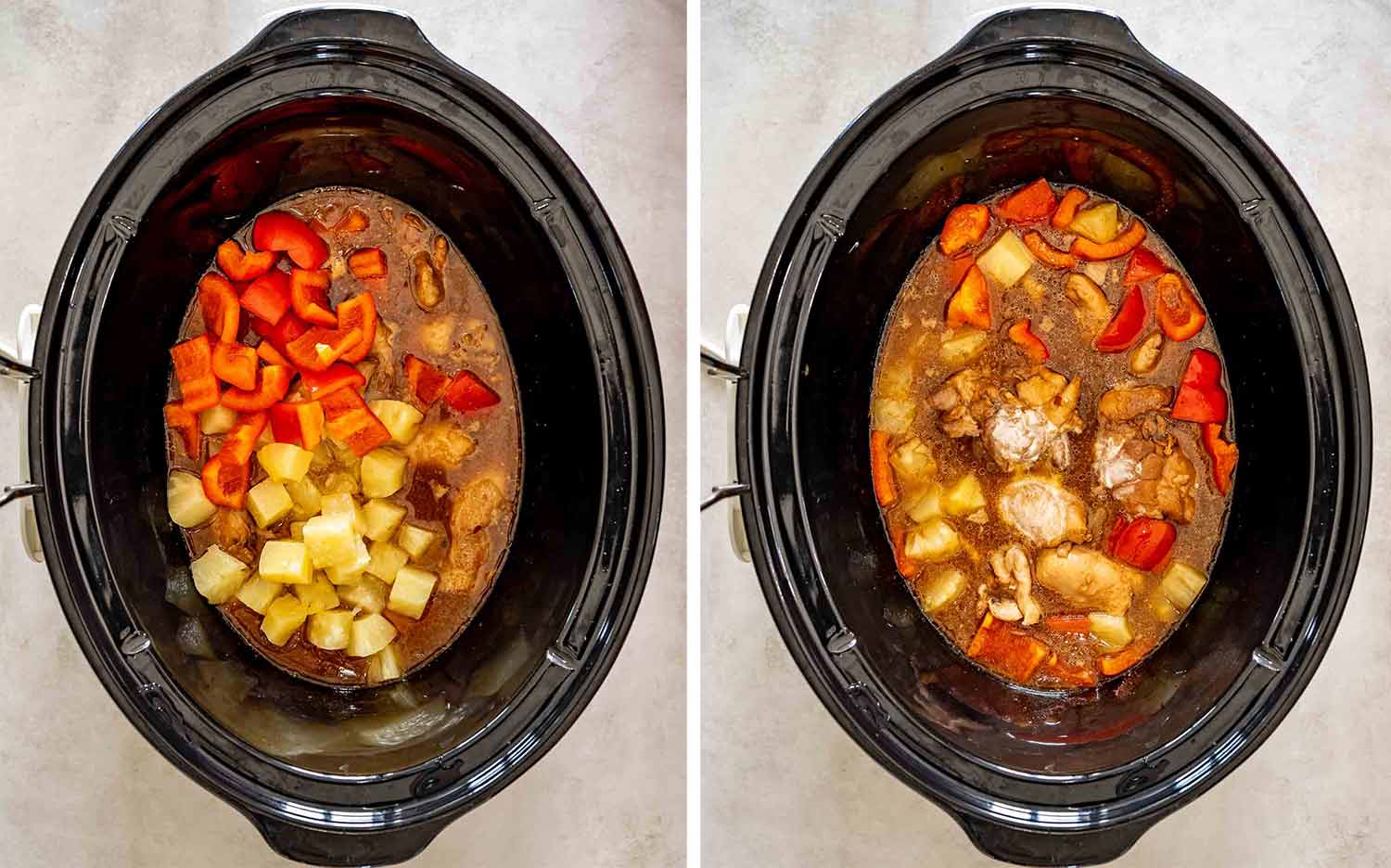 Two overhead process photos show pineapple and red peppers added to saucy chicken inside the slow cooker.