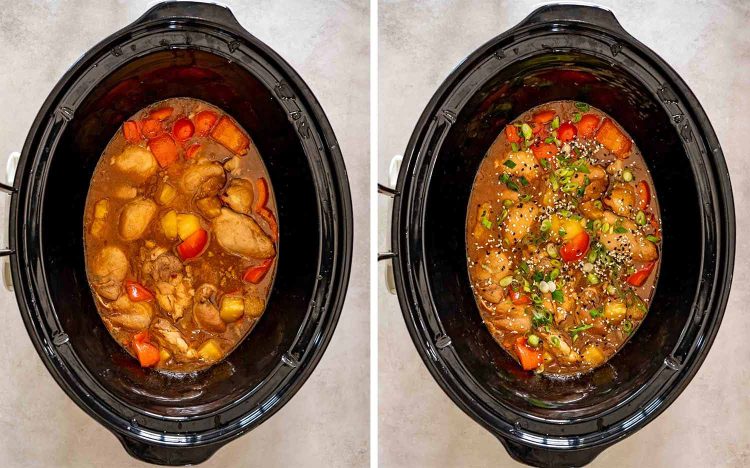 Two overhead photos show Hawaiian chicken cooking in sauce before being finished with green onions and sesame seeds.