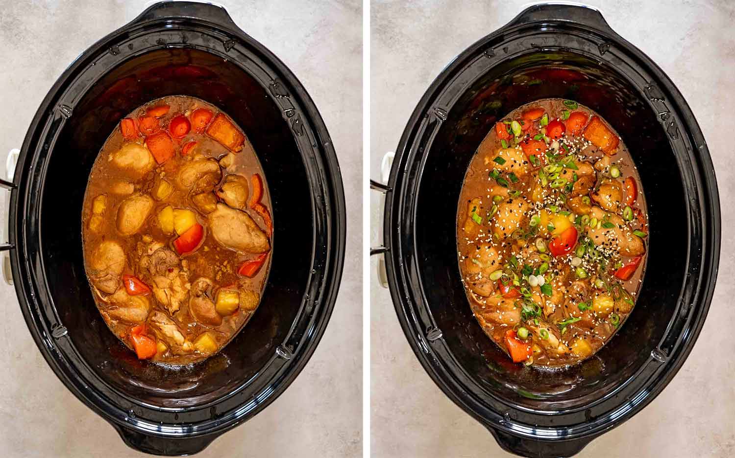 Two overhead photos show Hawaiian chicken cooking in sauce before being finished with green onions and sesame seeds.