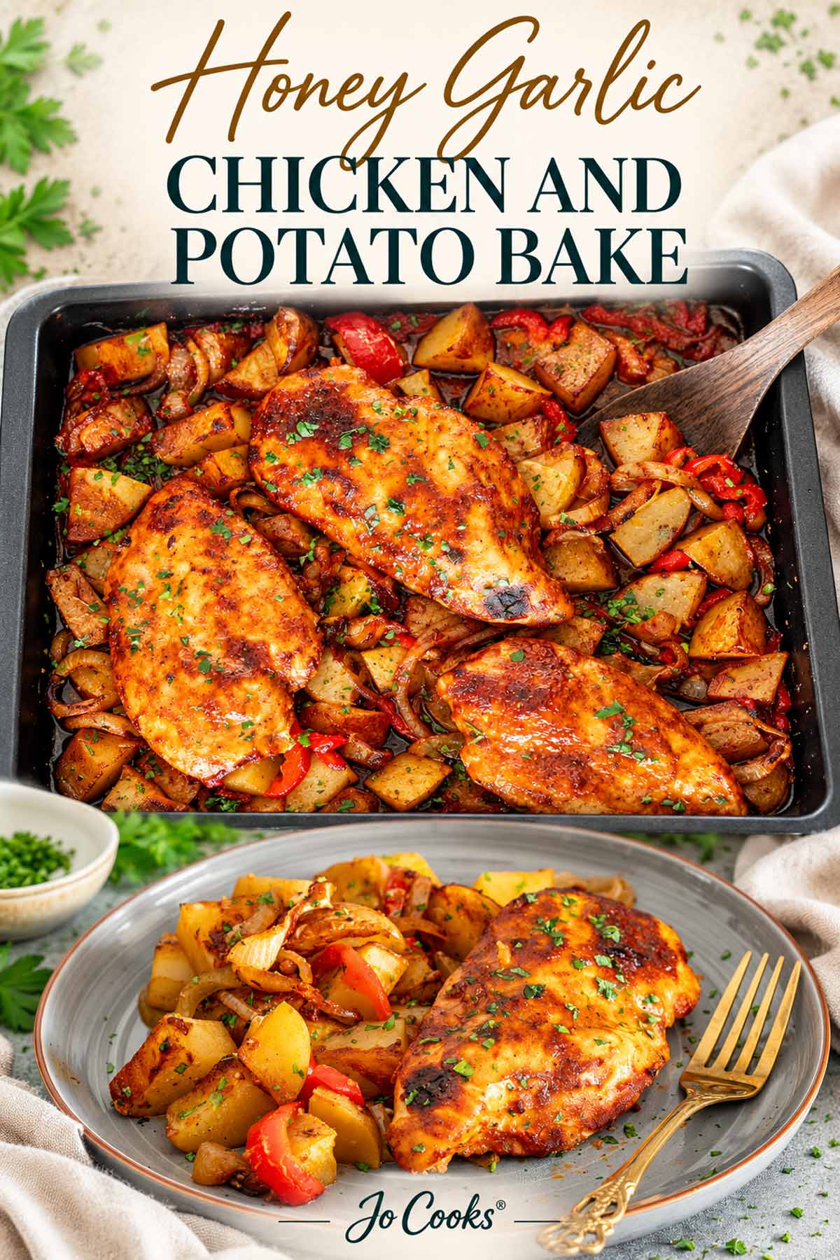 Honey Garlic Chicken and Potato Bake collage showing the baking pan and plated serving beneath the recipe title.