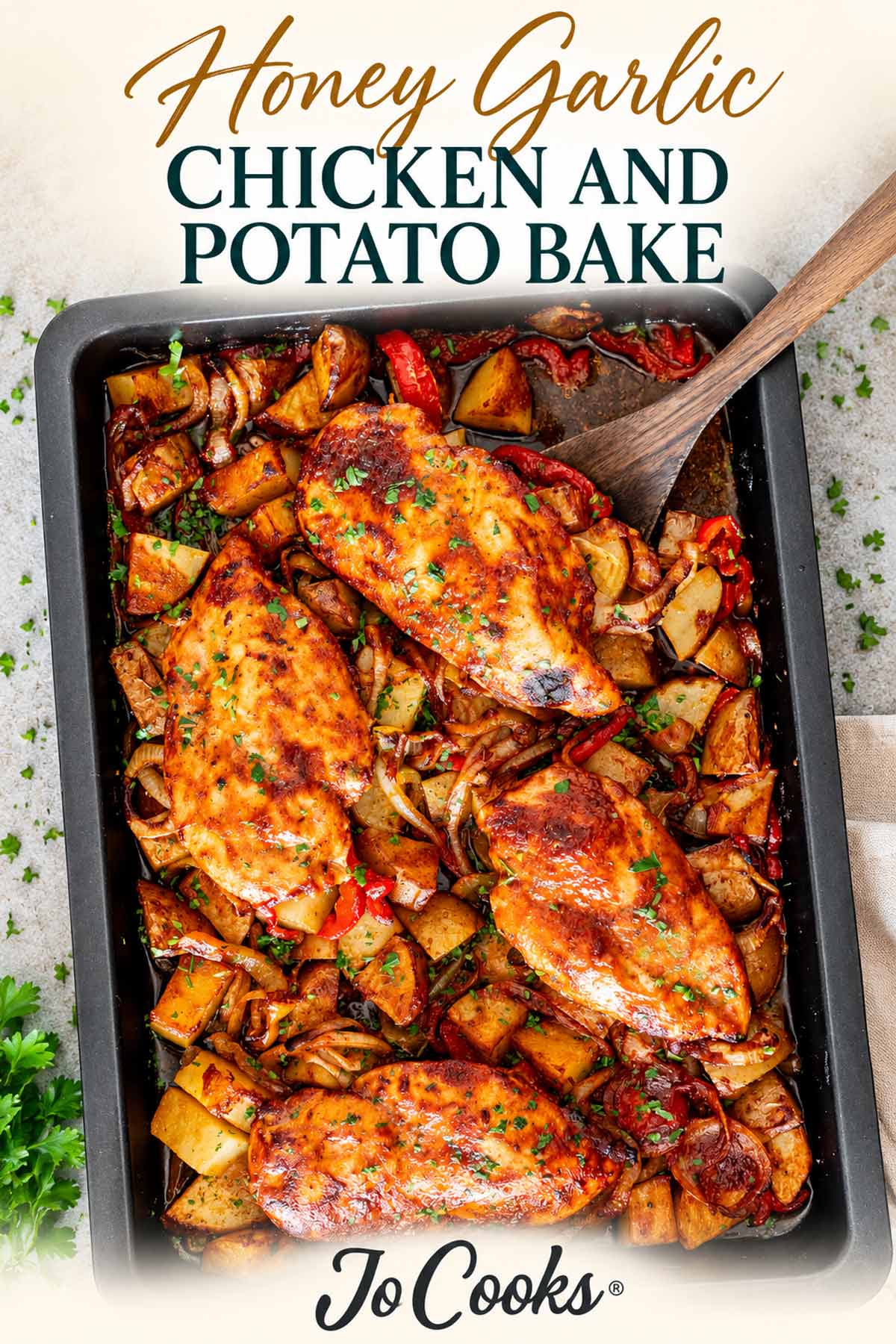 Honey Garlic Chicken and Potato Bake title above golden chicken breasts and roasted vegetables, with Jo Cooks branding.
