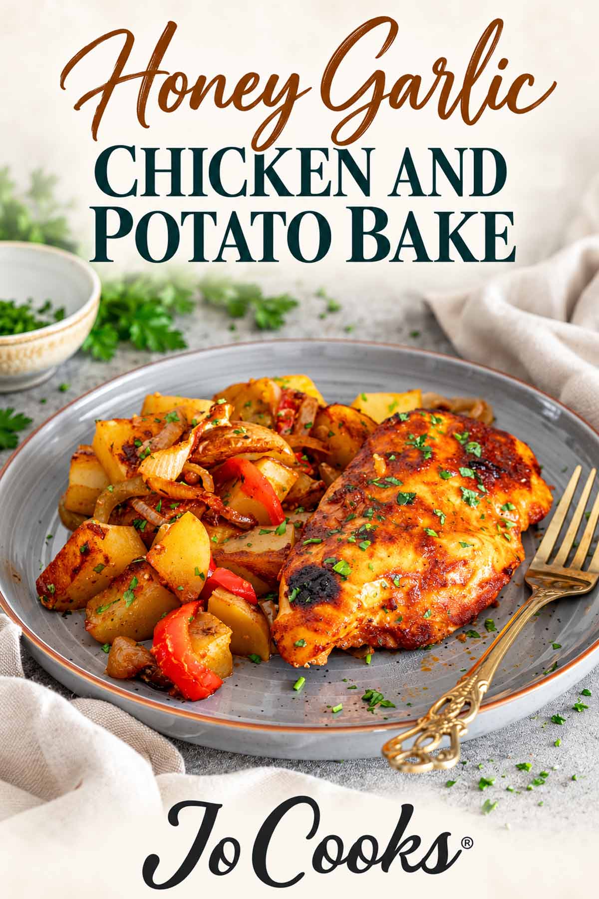 Honey Garlic Chicken and Potato Bake title above plated chicken and roasted vegetables, with the Jo Cooks logo below.