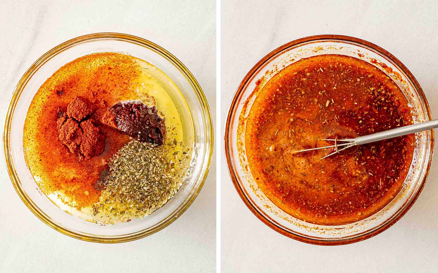 Honey garlic sauce ingredients in a glass bowl before and after whisking, including tomato paste, paprika, and oregano.