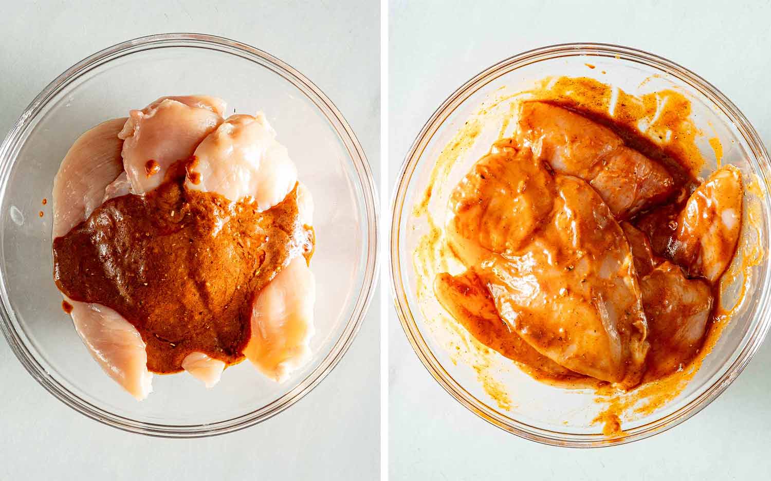 Raw chicken breasts in a glass bowl before and after being coated evenly with the honey garlic marinade.