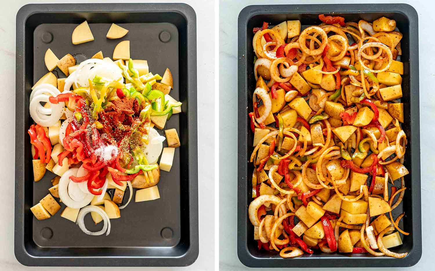 Potato chunks, onion rings, and sliced bell peppers before and after tossing with olive oil and seasonings.