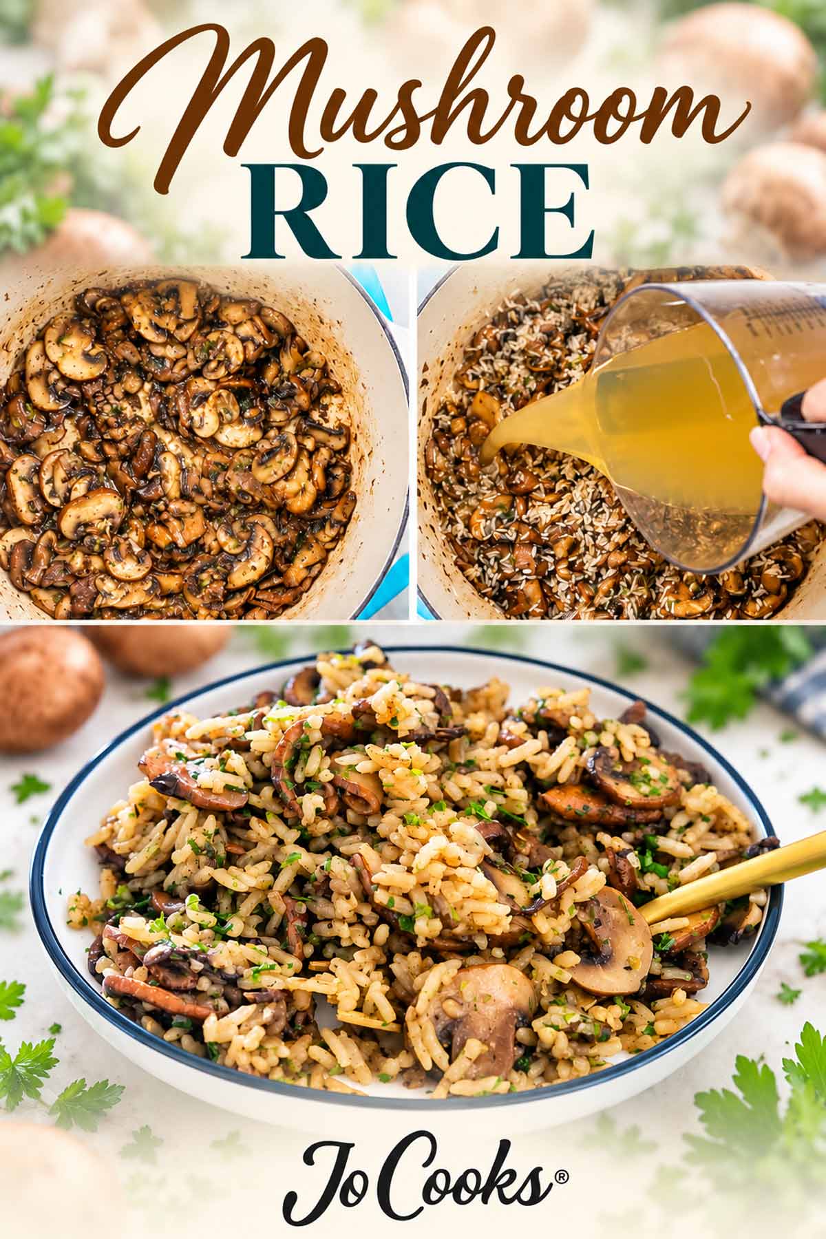 Mushroom rice collage showing sautéed mushrooms, broth being added, and the finished dish, with recipe title and Jo Cooks logo.